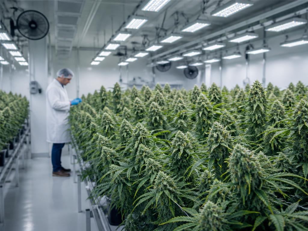 Professional licensed indoor cannabis cultivation facility with a technician inspecting plants