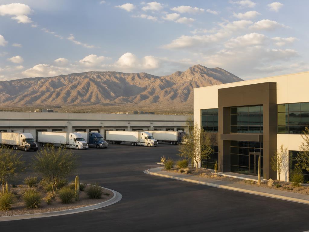 Modern industrial and logistics business with trucks and office building below desert mountains