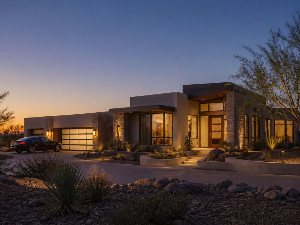 Modern desert-contemporary Arizona home at dusk with warm interior lights